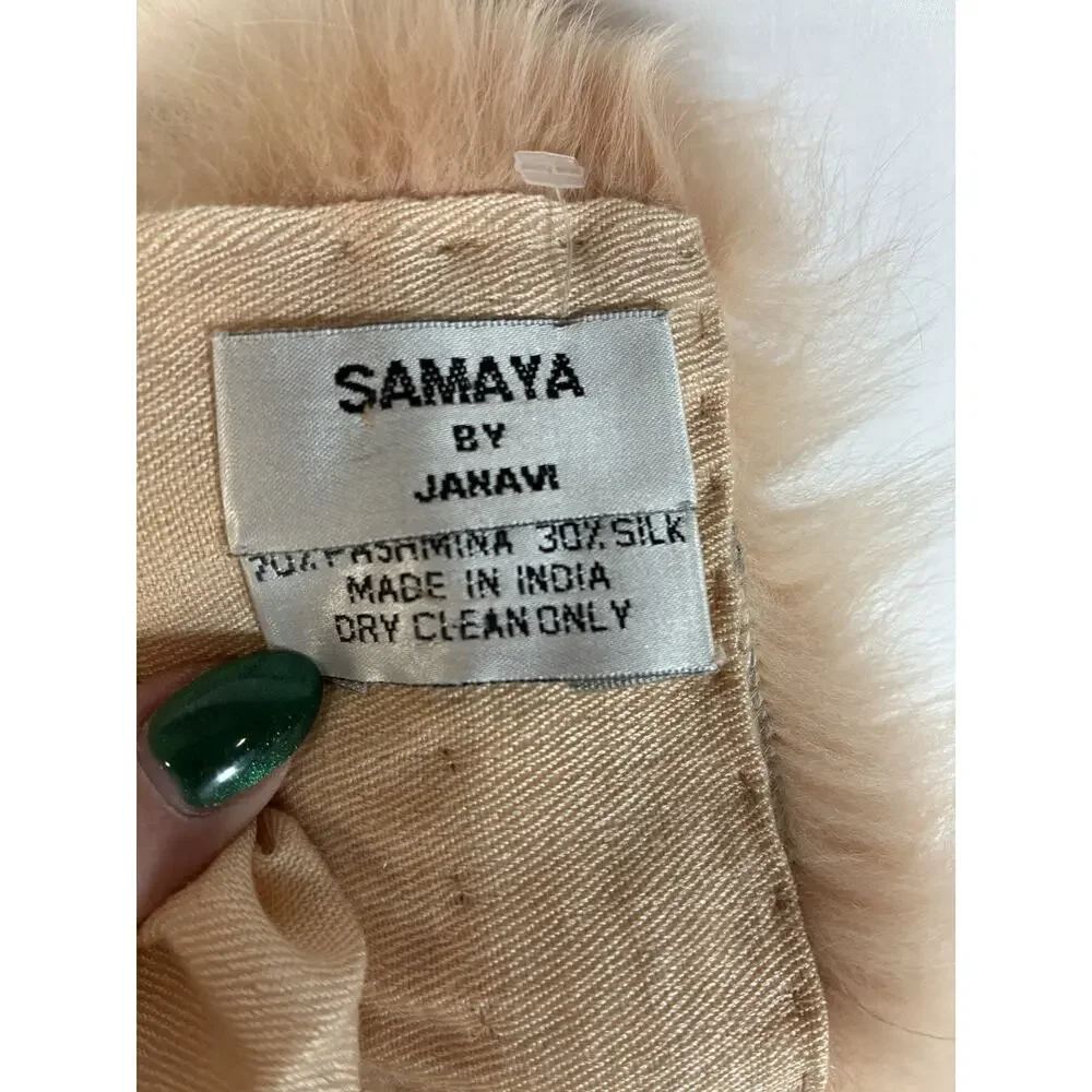 Samaya by Janavi Pashmina Silk Shawl Fox Fur Trim Cream Wrap Stole Old Money